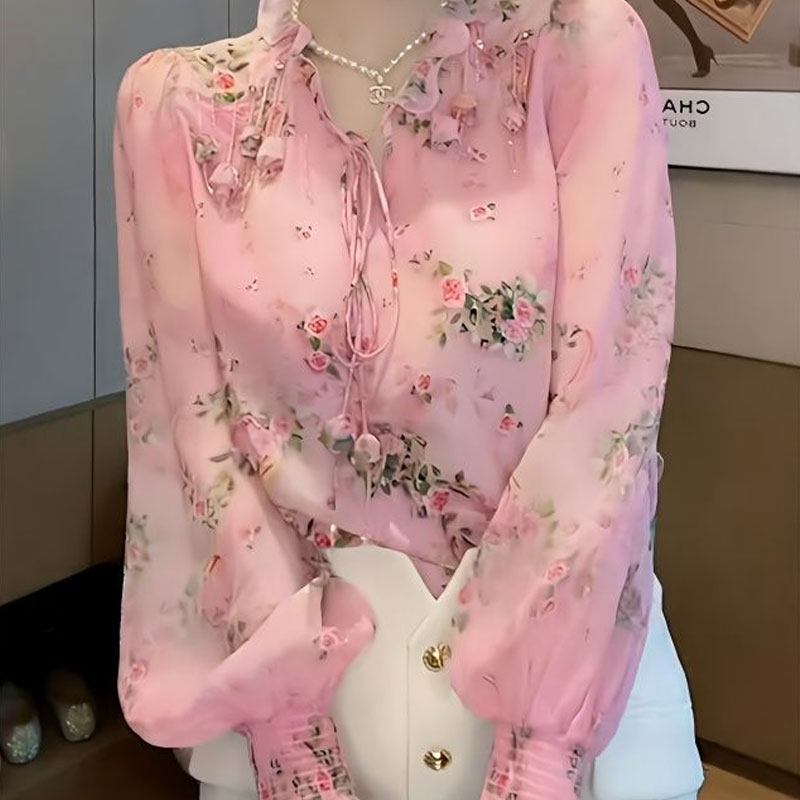 Tassel Fringe Trim - Korean Broken Flowers Printed Blouse Fashion