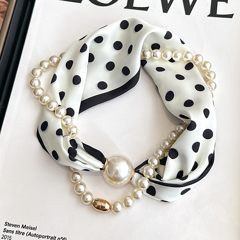Pearl Trim Chain - Satin Neck Scarf with Pearls Chain