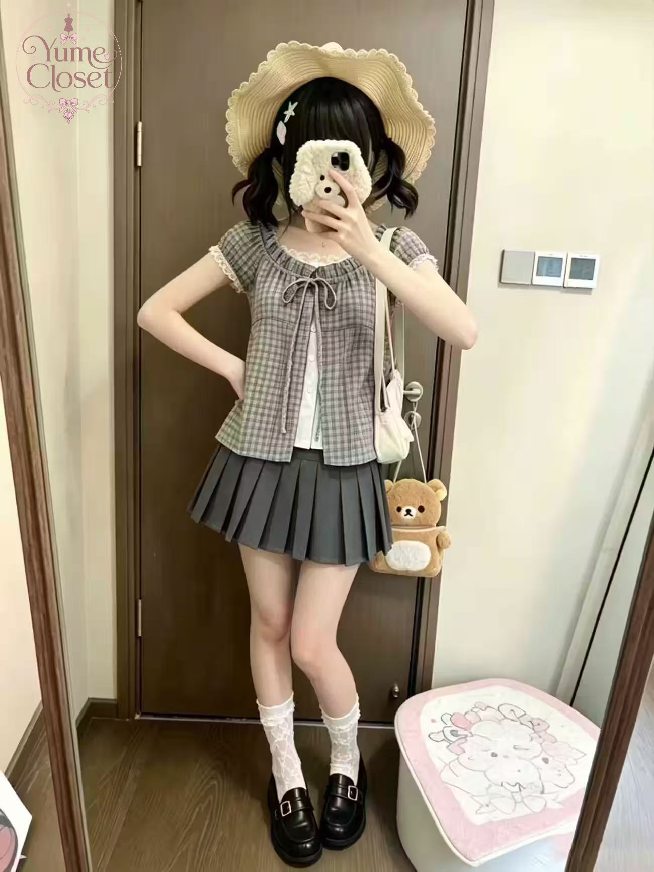 Japanese Vintage Plaid 2 Piece - Elastic Lace Trim 评论和价格
