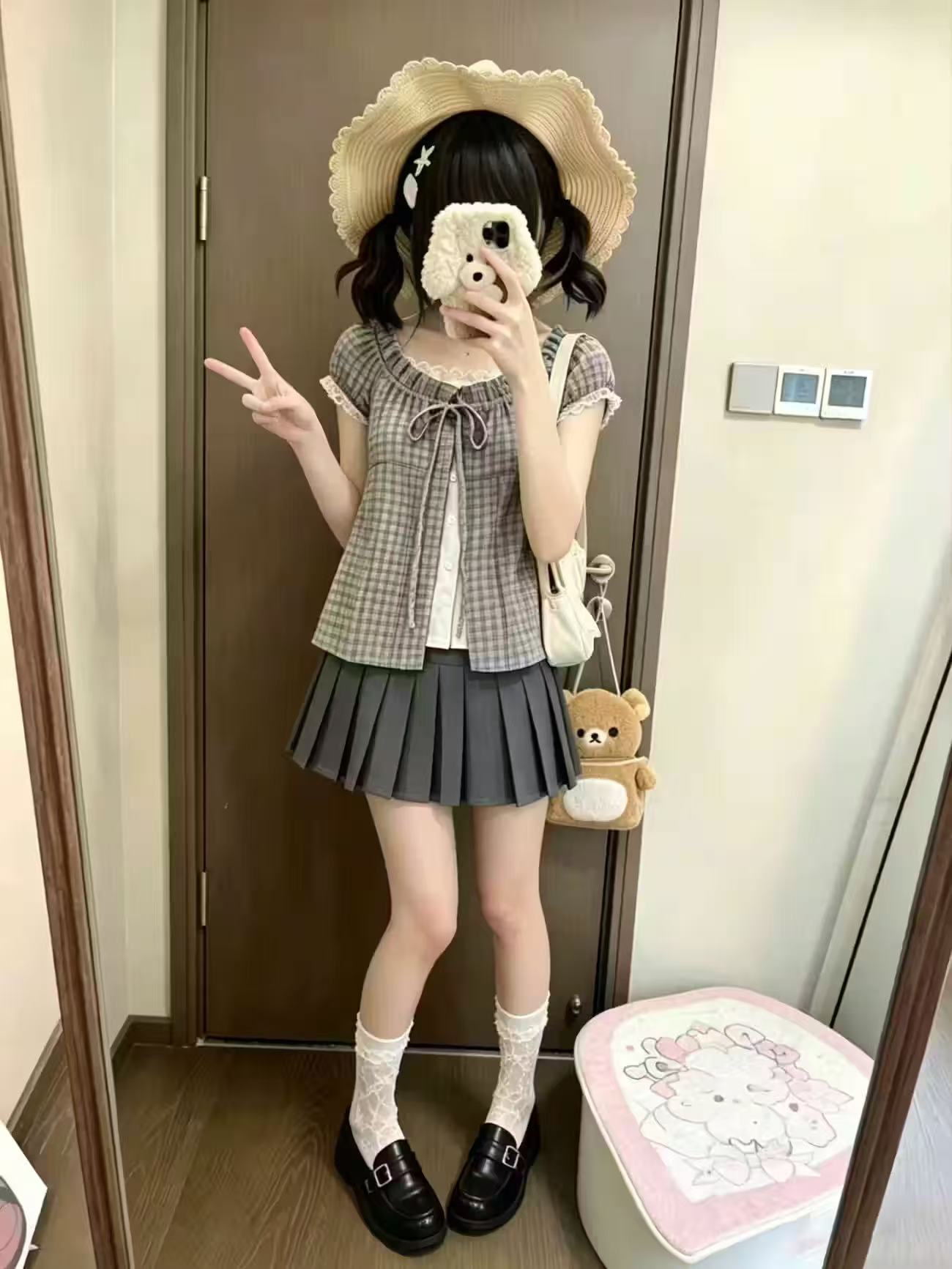 Japanese Vintage Plaid 2 Piece - Elastic Lace Trim 评论和价格