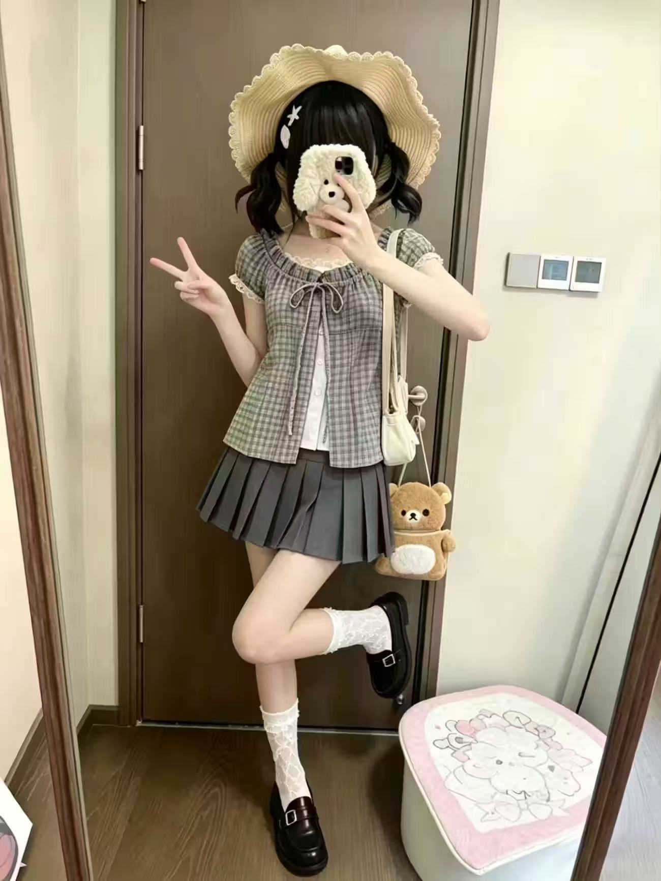 Japanese Vintage Plaid 2 Piece - Elastic Lace Trim 评论和价格