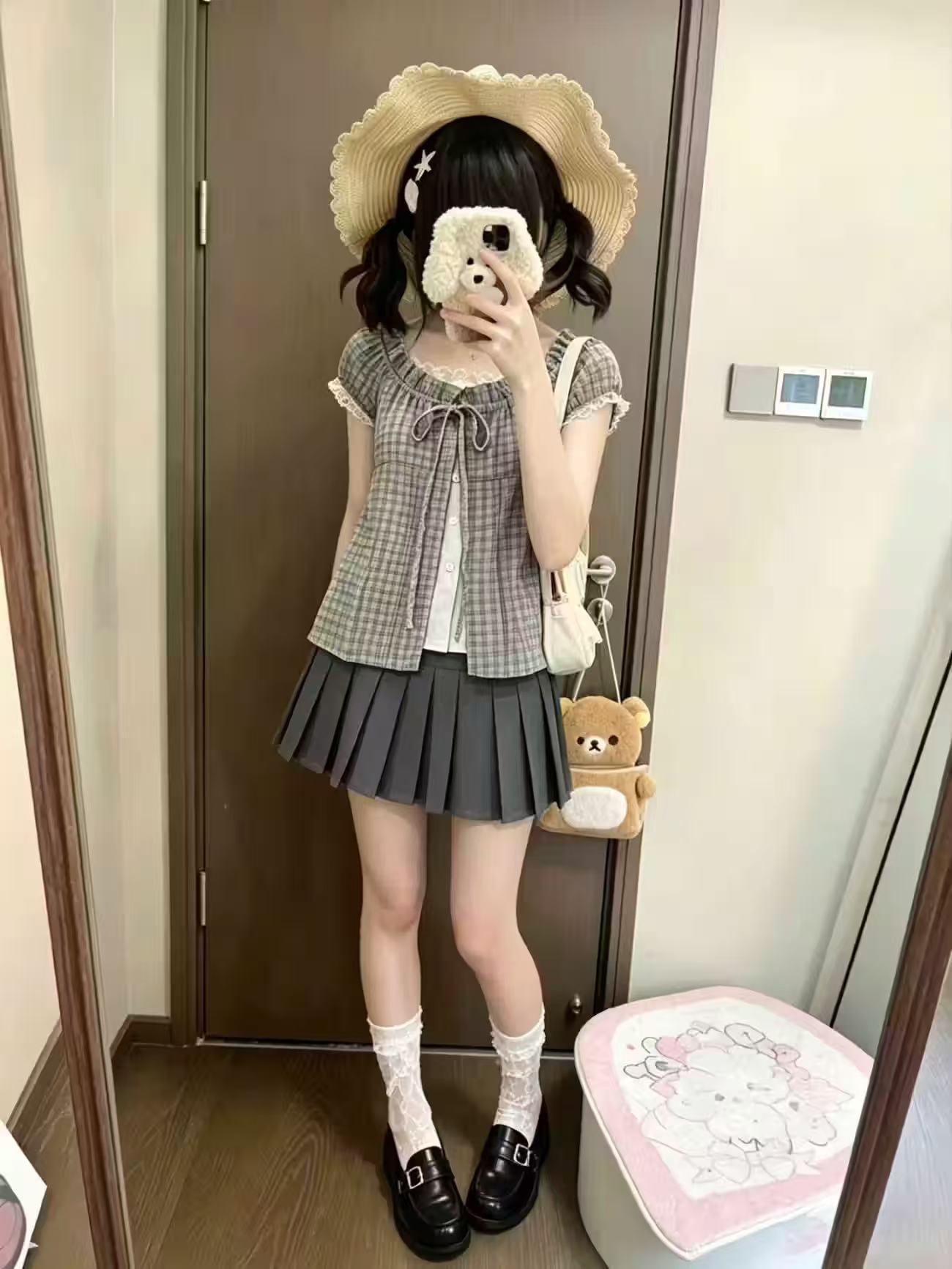Japanese Vintage Plaid 2 Piece - Elastic Lace Trim 评论和价格