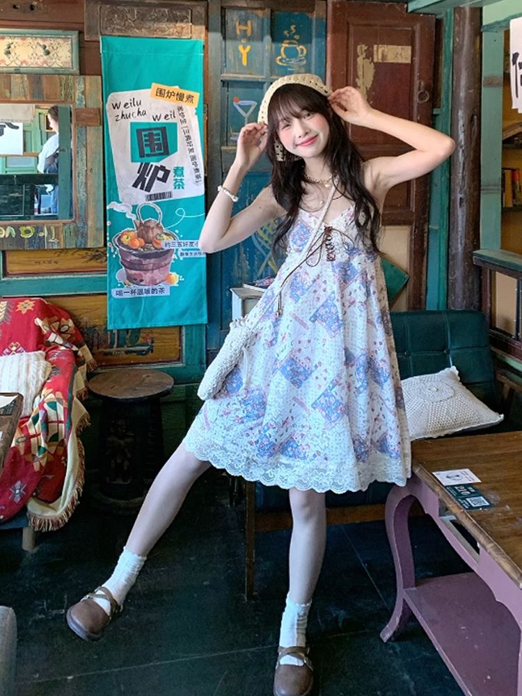 Summer Vintage Cami Dress Set  - Elastic Lace Trim 评论和价格