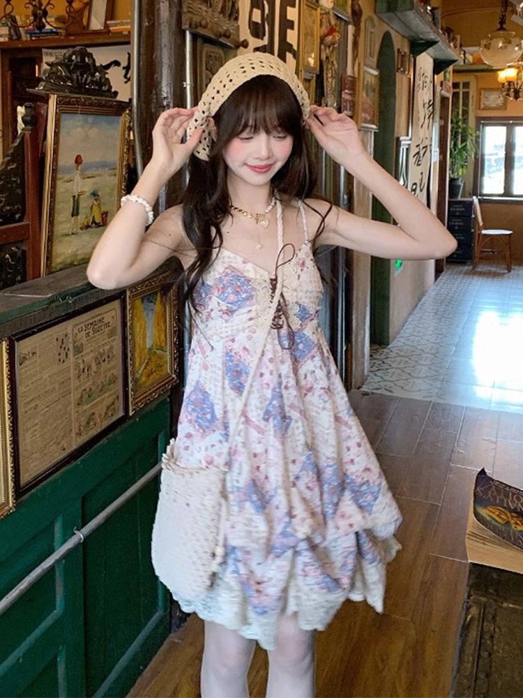 Summer Vintage Cami Dress Set  - Elastic Lace Trim 评论和价格